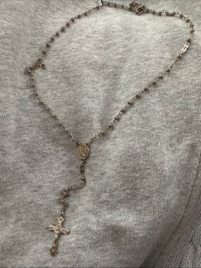 Delicate Silver-Tone Rosary Necklace with Crucifix